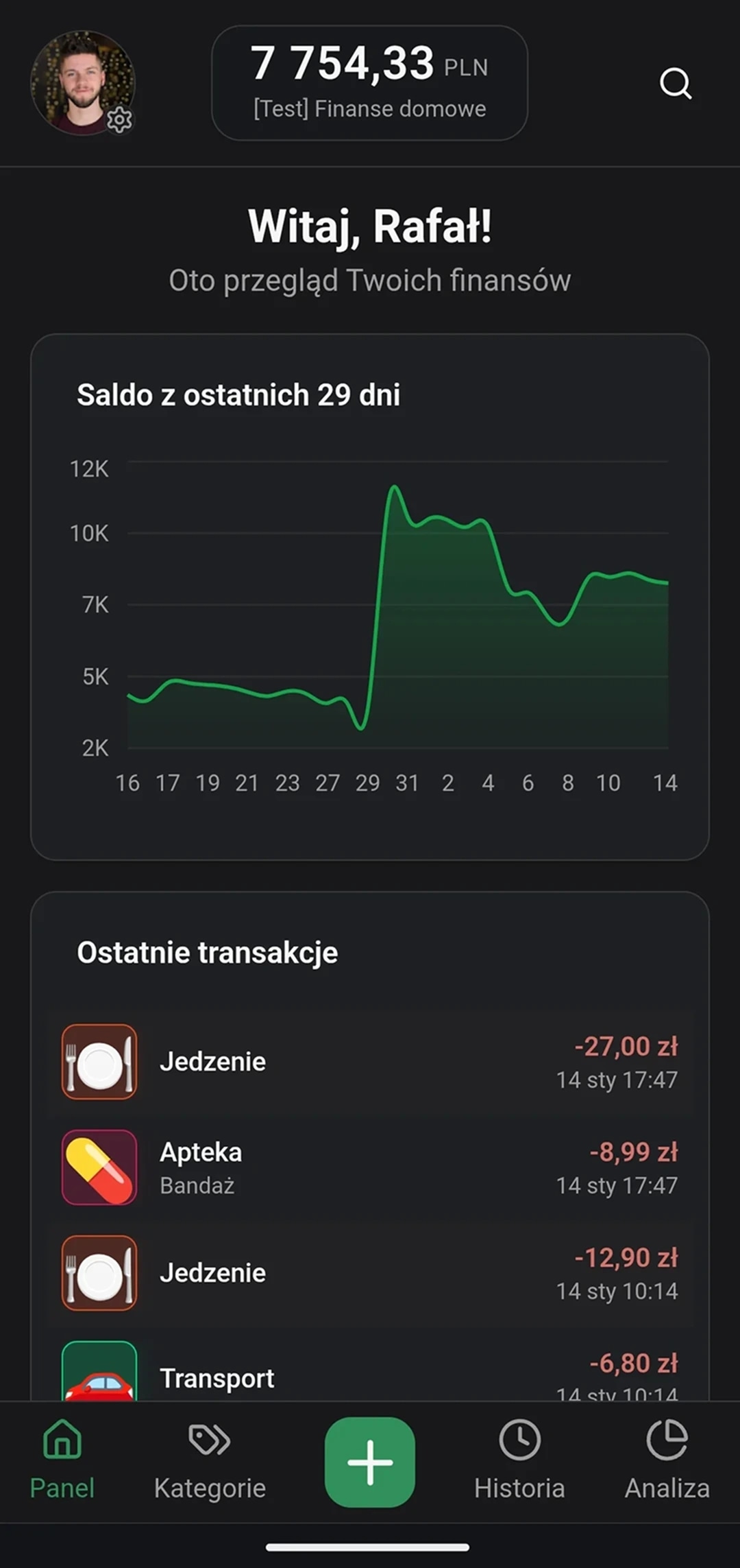 Panel główny Finanse.app z saldem, wykresem i ostatnimi transakcjami
